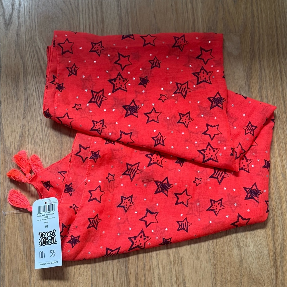T-A-O French Scarf, Super Light Weight, Coral W Stars, Cute!!! New W Tags